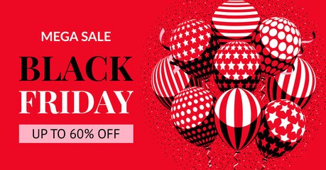 Black Friday mega sale. Shopping banner with with bunch of op art black and red balloons. Vector sale web banner design template. 