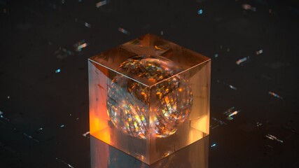 Orange sci-fi cube with ball of energy inside. Futuristic biotech concept. 3D rendering © gonin