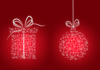 Christmas card. Gift and ball with  white snowflakes on red background.Vector illustration