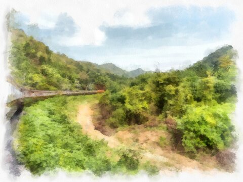 The landscape of a Thai train cruising through the forest watercolor style illustration impressionist painting.