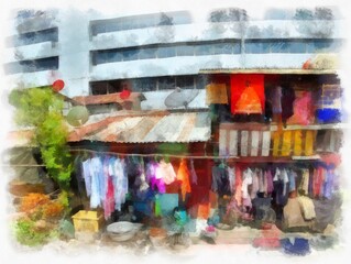 landscape of urban slum housing watercolor style illustration impressionist painting.