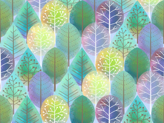 水彩調木立のシームレスパターン背景ー夏（青に紫）