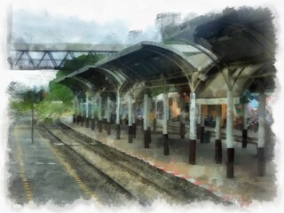 train station landscape watercolor style illustration impressionist painting.