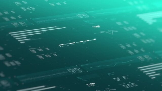 Abstract data statistics visualization. Digital Graphs, charts, numbers dynamic animation. Computer data user interface. Futuristic technology, economics, financial video. HUD Cyberspace. 3D render 4K