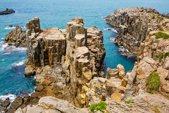 Landscape of Tojinbo Cliff, Mikuni cho, Sakai, Fukui Prefecture, Japan. Cliffs and sea.