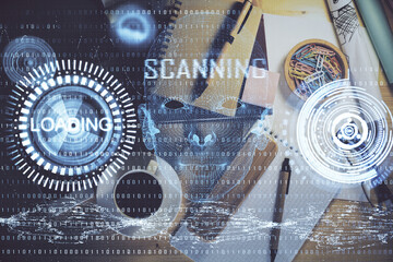 Double exposure of technology theme drawing over work table desktop. Top view. Global data analysis concept.