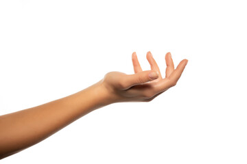 Hand holding nothing, isolated on white background.