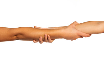 Two female arms holding each other, isolated on white.