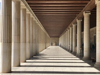 Symmetrical temple in Athens in Greece. Pillars, lines.