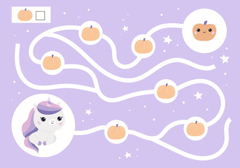Halloween educational maze game for children. Cute kawaii unicorn. Count all pumpkins. Printable worksheet. Autumn holiday. Vector illustration.