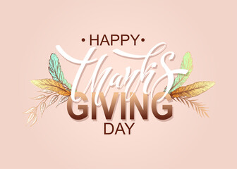 Happy Thanksgiving day. Banner with handwritten lettering and hand-drawn elements. Autumn background. Vector illustration.