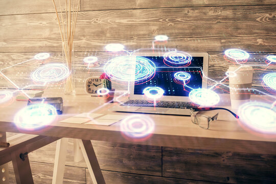 Double exposure of social network theme drawing and office interior background. Concept of web.