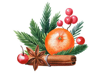 Winter Composition with fir branches, tangerine, anise and cinnamon illustration, Hand drawn watercolor painting
