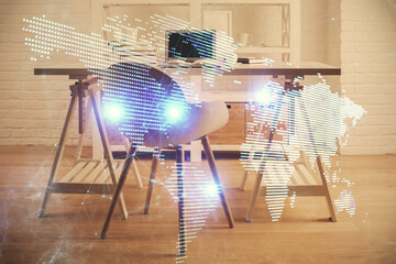 Double exposure of social network theme drawing and office interior background. Concept of web.