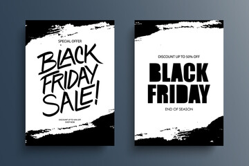 Fototapeta na wymiar Black Friday promotional posters with black brush strokes for commercial events, discounts, black friday shopping, sale promotion and advertising. Black and white. Vector illustration. 