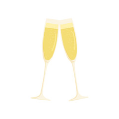 Hand drawn cartoon vector illustration of two champagne glasses. Celebration, party, winning. Isolated on white.