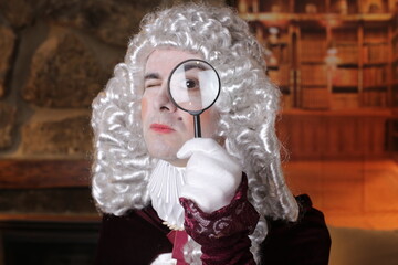 Pompous aristocratic man in vintage costume looking through magnifying glass