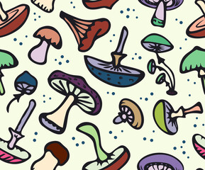Vector image. Seamless pattern use for printing on fabric, wrapping paper. Colored doodle mushrooms on a light yellow background. Cartoon style.