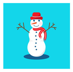 Funny snowman illustration with scarf, hat, hands, smile mouth. Creative 3d christmas character design to use in merry christmas card, winter holiday greeting, advert, offer, new year card projects.