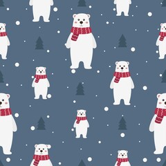Christmas seamless pattern with polar bears on blue background. vector Illustration.