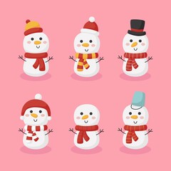 Christmas set with cute snowmen isolated on pink background. vector Illustration.