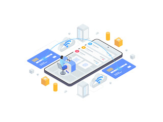 Mobile Transfer Isometric Flat Illustration. Suitable for Mobile App, Website, Banner, Diagrams, Infographics, and Other Graphic Assets.