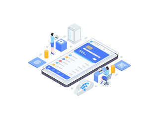 Digital Banking Isometric Flat Illustration. Suitable for Mobile App, Website, Banner, Diagrams, Infographics, and Other Graphic Assets.