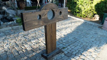 old convict shackles. condemn the shackles. torture concept. slave block