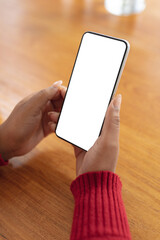 Hands of african american woman holding smartphone with copy space at christmas time