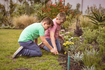 Fototapeta premium Two caucasian boys with tools gardening together in the garden