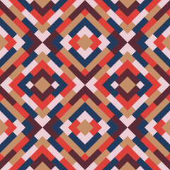 Abstract seamless pattern. Vector geometric background of triangles in blue and dark orange colors. Mosaic texture for textile, clown, carpeting, warp, book cover, clothes