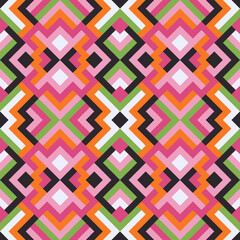 Abstract seamless pattern. Vector geometric background of triangles in green, pink and black colors. Mosaic texture for textile, clown, carpeting, warp, book cover, clothes