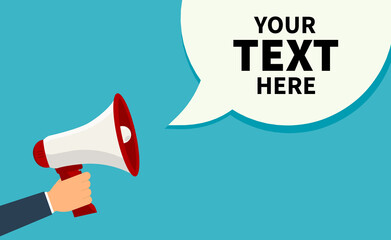 Your text here - advertising sign with a megaphone. Retro megaphone with text together on a colored background. Human hand holding a rupor with space for text. Speaker. Vector illustration, EPS 10