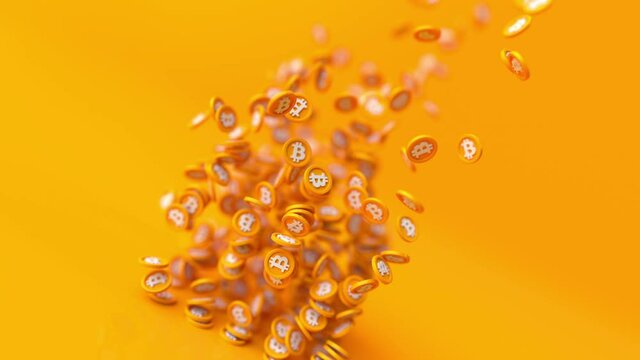 Bunch of bitcoins in slow motion. 3D render animation