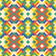 Abstract seamless pattern. Vector geometric background of triangles in green, red and yellow colors. Mosaic texture for textile, clown, carpeting, warp, book cover, clothes