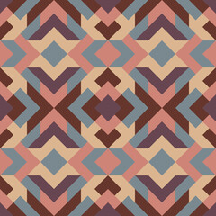 Abstract seamless pattern. Vector geometric background of triangles in blue, brown and dark yellow colors. Mosaic texture for textile, clown, carpeting, warp, book cover, clothes