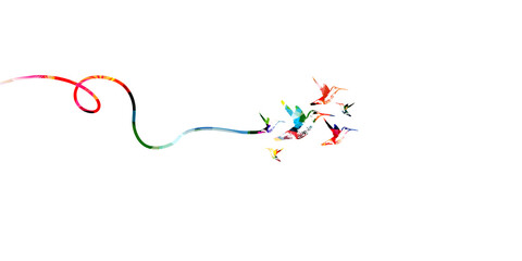 Colorful hummingbirds vector poster background. Flying colibri isolated