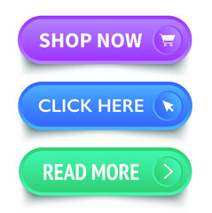 Buy now button. Shop now, Click here, Read more buttons. Vector illustration. on white background
