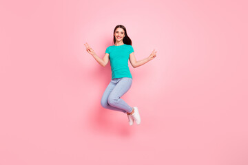 Fototapeta na wymiar Full body profile side photo of young woman happy positive smile jumper show peace cool v-sign isolated over pastel color background