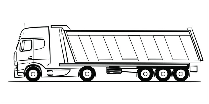 Dump Truck Abstract Silhouette On White Background.  A Hand Drawn Line Art In Flat Style. Vector Illustration View From Side.