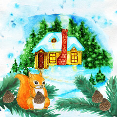 Watercolor winter landscape with a house in a fir forestwith animals under the  s tree with cones