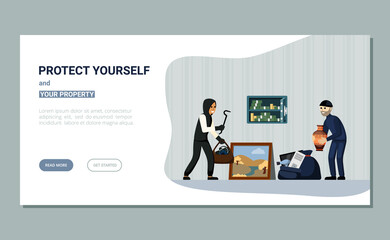 Protecting your property from criminals landing page. Security from burglary and penetration into house of burglars technology for protect bank safes and personal savings. Vector flat guard.