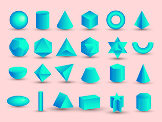 realistic 3D blue geometric shapes isolated on pink background. Maths geometrical figure form, realistic shapes model. Platon solid. Geometric shapes icons for education, business, design. - obrazy, fototapety, plakaty