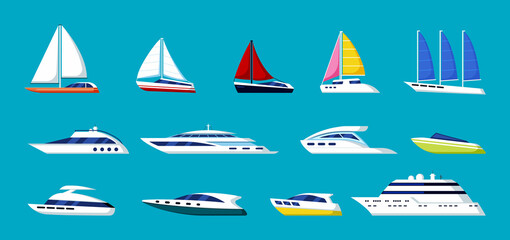Speed yachts and sailboats set. Modern ships with luxurious bright design for world regatta and elite sailing of wealthy sea going fast frigates and schooners. Vector ocean travel.