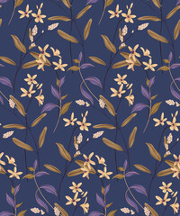 Seamless vintage pattern on a botanical theme. Abstract composition of small flowers, twigs and leaves. Vector floral background.