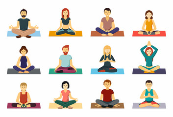 People on rugs meditate in lotus position set. Concentrated men and women peacefully relax doing yoga exercise to spiritual create harmony in themselves and towards nature. Vector cartoon balance.