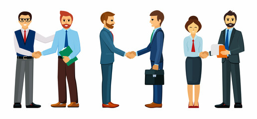 Business people greet set. Joyful businessmen conclude with handshake successful professional partnership and lucrative teamwork contract for confident cooperation. Corporate cartoon vector.