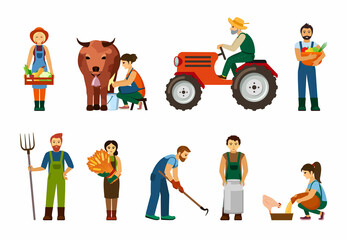 Farmers at work set. Elderly man rides tractor male and female character with boxes of fresh vegetables woman milks cow peasant drags can of milk into barn farmers with wheat. Cartoon eco vector. © alex_cardo