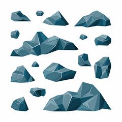 Pieces of mineral ore set. Stones of various shapes with fossil materials mining for metal and copper production broken fragments of natural minerals for world industry. Vector cartoon design.