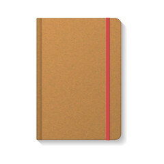 Blank brown kraft paper notebook with red elastic mockup template.